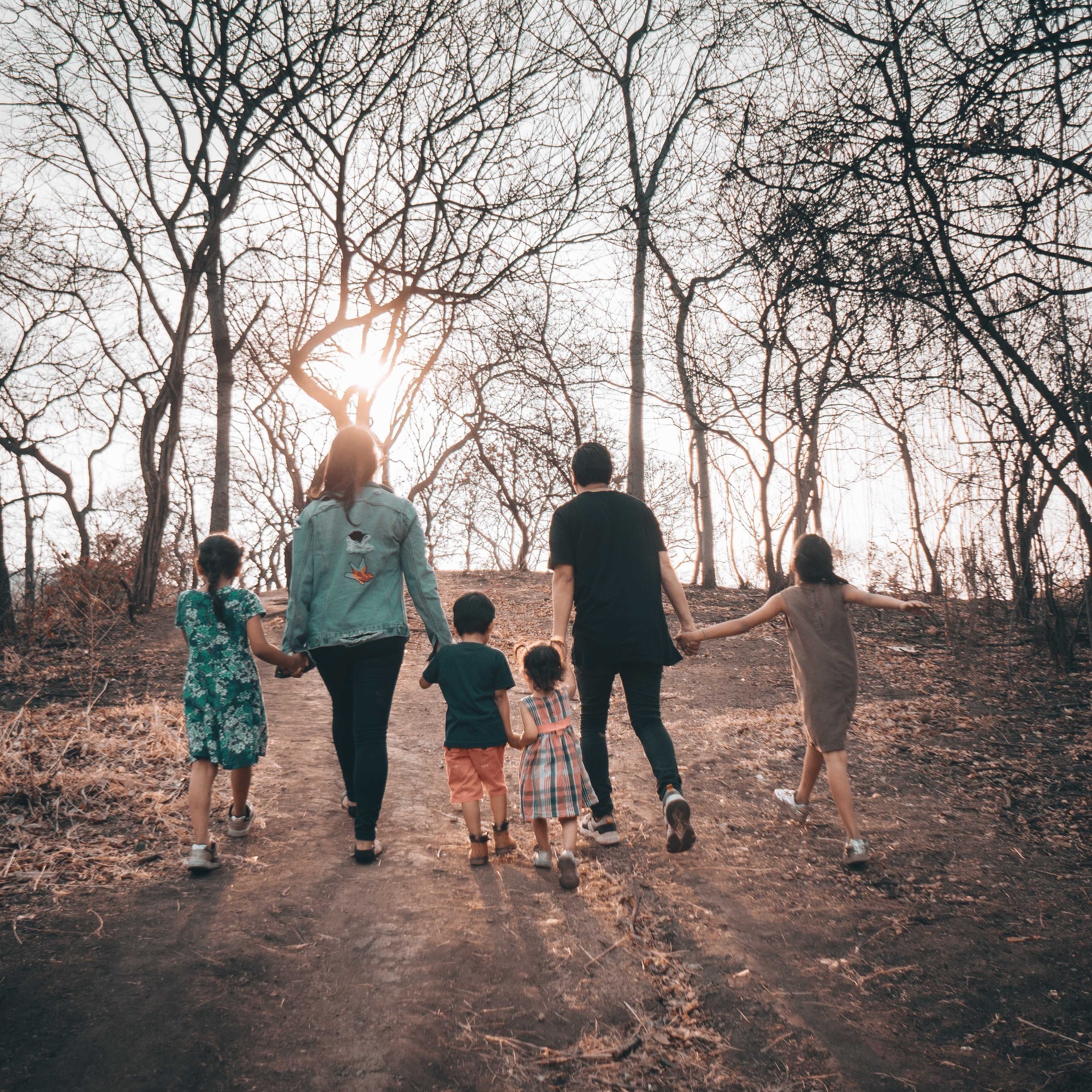 Family walking toward sunset
